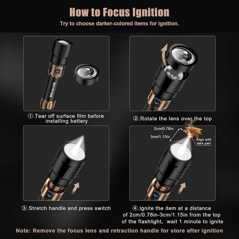 SkyFire Rechargeable Flashlights High Lumens with Ignition Lens&White Yellow Blue Light,10000mAh LED Super Bright Flashlight,Zoomable,4 Modes,Waterproof Tactical Flash Light for Outdoor,Home &Gift - Image 5